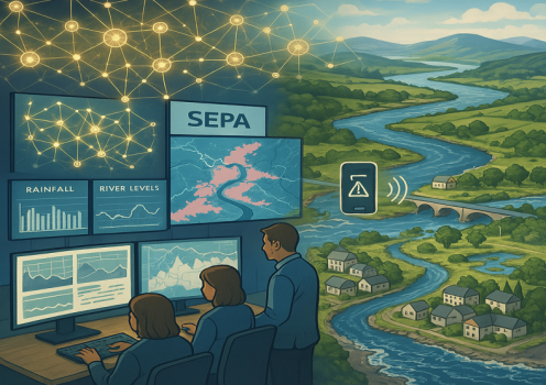 Computer in the foreground with three SEPA staff working. A river flowing through the landscape in the background with houses and trees along the riverside. Photo credit: Michael Cranston. Image produced using Microsoft Copilot
