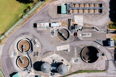 Aerial view, wastewater treatment plant. Photo credit: John F Scott. Source: Getty Images