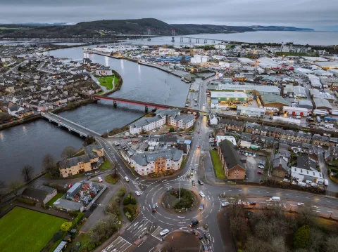 Aerial view, Inverness, Scotland. Photo credit: Posnov. Source: Getty Images