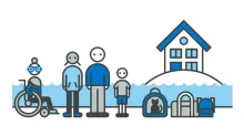 Illustration of people standing near floodwater, including a family, pets, and essential belongings. A house is shown on higher ground above the floodwater. Source: Household Flood Plan. Credit: Transform Creative
