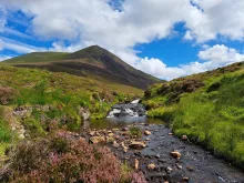 Mountain (Ben Wyvis) in the background and stream flowing through the landscape. Green grass borders the stream. Photo credit: Rebekah Burman