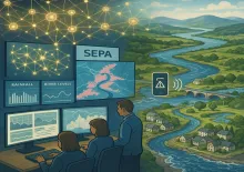 Computer in the foreground with three SEPA staff working. A river flowing through the landscape in the background with houses and trees along the riverside. Photo credit: Michael Cranston. Image produced using Microsoft Copilot
