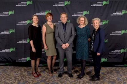 OHBP co-founders Rachel Helliwell (CREW), Sharon Pfleger (NHS Highland), Stuart Gibb (Environmental Research Institute-University of the Highlands and Islands), Bess Homer (Scottish Water), and Lindsey Green (SEPA) at the Scottish Environment Business VIBES awards ceremony.  