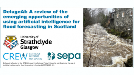 Project title with University of Strathclyde, CREW and SEPA logos displayed below. An image of a flooded river flowing past buildings is to the right of the text. Project title with University of Strathclyde, CREW and SEPA logos displayed below. An image of a flooded river flowing past buildings is to the right of the text.
