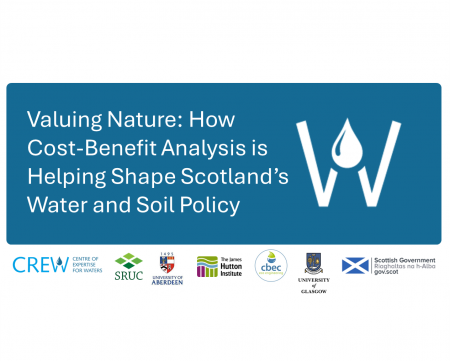 Valuing Nature: How Cost-Benefit Analysis is Helping Shape Scotland’s Water and Soil Policy, with logos for CREW, SRUC, University of Aberdeen, The James Hutton Institute, cbec eco engineering, University of Glasgow, Scottish Government Valuing Nature: How Cost-Benefit Analysis is Helping Shape Scotland’s Water and Soil Policy, with logos for CREW, SRUC, University of Aberdeen, The James Hutton Institute, cbec eco engineering, University of Glasgow, Scottish Government