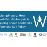 Valuing Nature: How Cost-Benefit Analysis is Helping Shape Scotland’s Water and Soil Policy, with logos for CREW, SRUC, University of Aberdeen, The James Hutton Institute, cbec eco engineering, University of Glasgow, Scottish Government