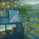 Computer in the foreground with three SEPA staff working. A river flowing through the landscape in the background with houses and trees along the riverside. Photo credit: Michael Cranston. Image produced using Microsoft Copilot