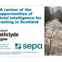 Project title with University of Strathclyde, CREW and SEPA logos displayed below. An image of a flooded river flowing past buildings is to the right of the text.
