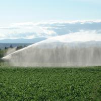 Field being irrigated with mountains in the background - Photo credit: JHI