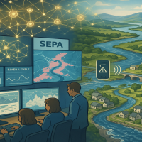 Computer in the foreground with three SEPA staff working. A river flowing through the landscape in the background with houses and trees along the riverside. Photo credit: Michael Cranston. Image produced using Microsoft Copilot