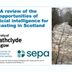 Project title with University of Strathclyde, CREW and SEPA logos displayed below. An image of a flooded river flowing past buildings is to the right of the text.