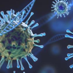computer image of covid virus showing spheres with spikes