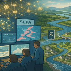 Computer in the foreground with three SEPA staff working. A river flowing through the landscape in the background with houses and trees along the riverside. Photo credit: Michael Cranston. Image produced using Microsoft Copilot