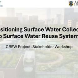 Workshop slide titled 'Transitioning Surface Water Collection to Surface Water Reuse Systems – CREW Project Stakeholder Workshop,' with logos for CREW, Abertay University, and University of Dundee. Background shows green space with water collection surrounded by buildings. Photo credit: Rebecca Wade.