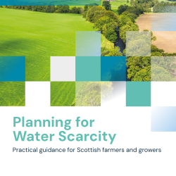 Front Cover image of the CREW Planning for Water Scarcity guidance. This includes a image of a field, the guidance title and logos of SRUC, James Hutton Institute, University of Aberdeen and SAOS.