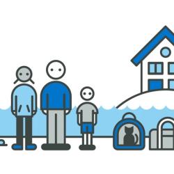 Illustration of people standing near floodwater, including a family, pets, and essential belongings. A house is shown on higher ground above the floodwater. Source: Household Flood Plan. Credit: Transform Creative